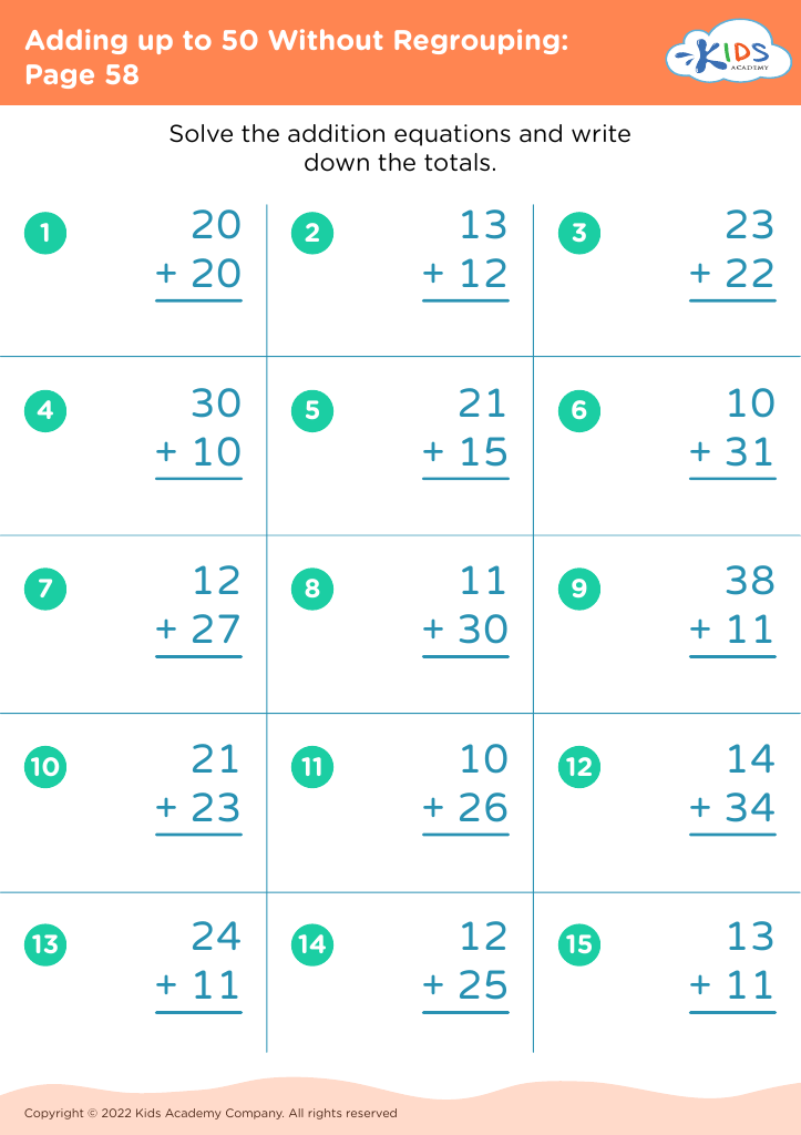 Adding up to 50 Without Regrouping worksheet: Page 58