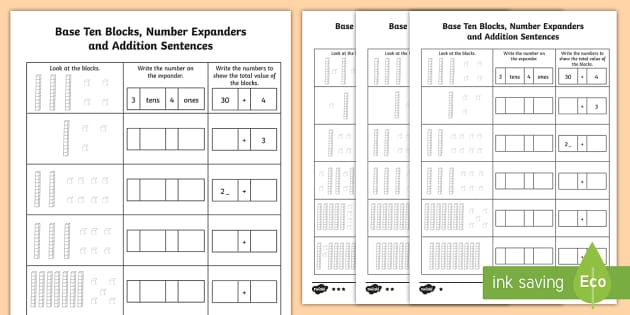 addition worksheet using base ten blocks