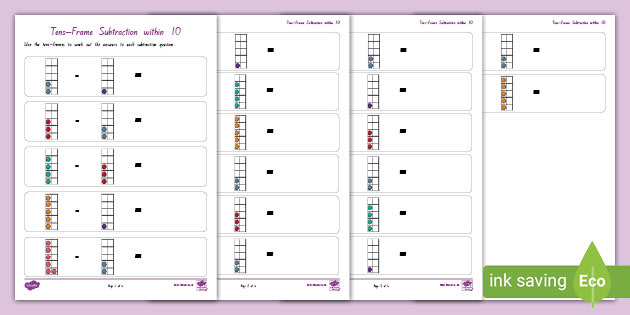 Tens-Frame Subtraction within 10 Worksheets (teacher made)
