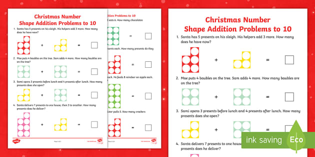 Christmas Number Shape Addition Problems to 10 Worksheet