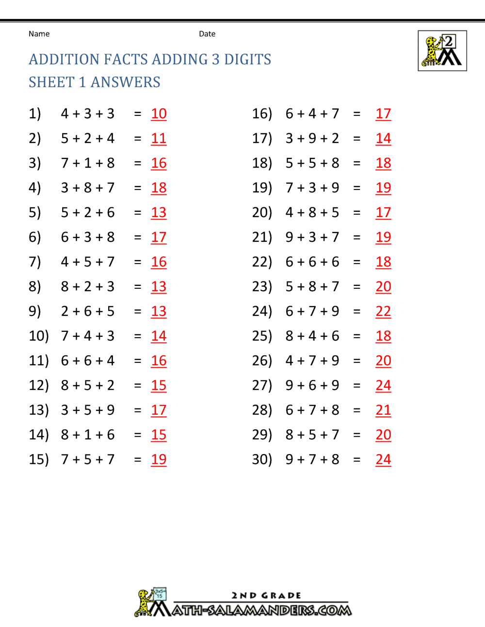 addition worksheet with answers