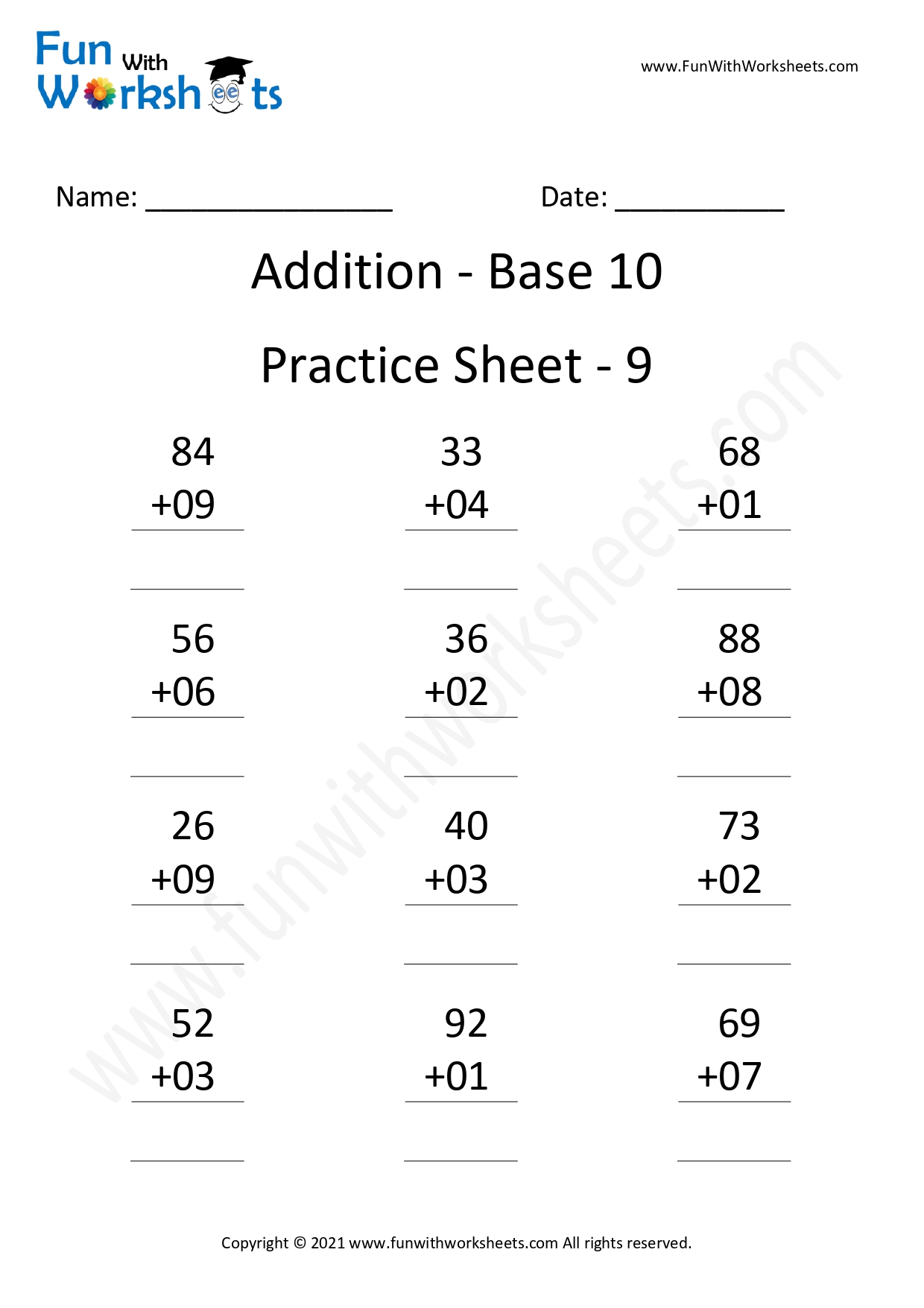 Free Printable Worksheets -vedic addition base 10 practice sheets ...