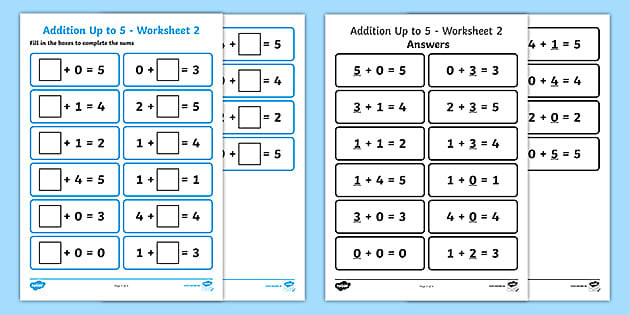 Addition Up to 5 Missing Box Worksheet 2 (teacher made)