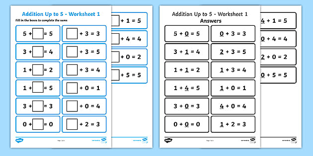 Addition Up to 5 Missing Box Worksheet 1 (teacher made)