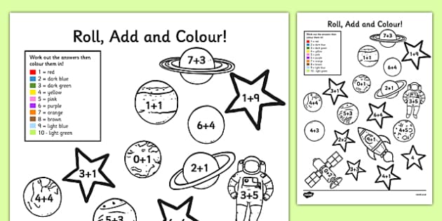 Space Add and Colour Addition Worksheet / Worksheet - Twinkl