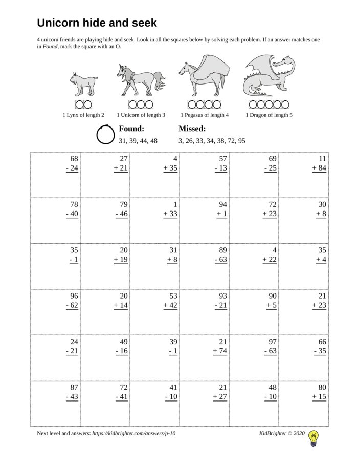 KidBrighter | Mixed Addition And Subtraction Worksheet for Grade 2