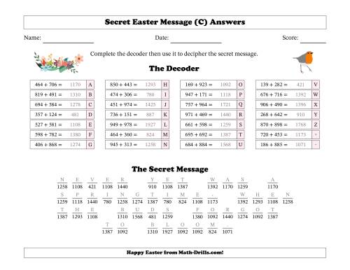 Secret Easter Message Three-Digit Addition Spring