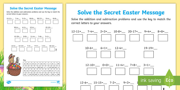 Easter Addition and Subtraction Secret Message Worksheet
