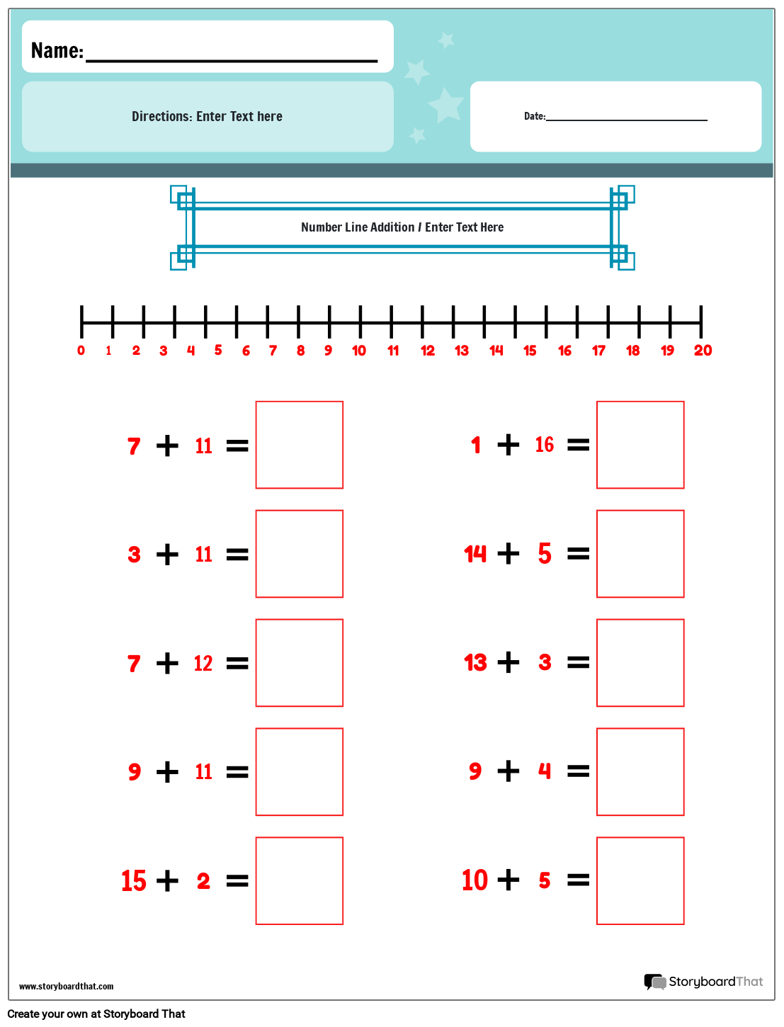 addition worksheet with number line for kindergarten