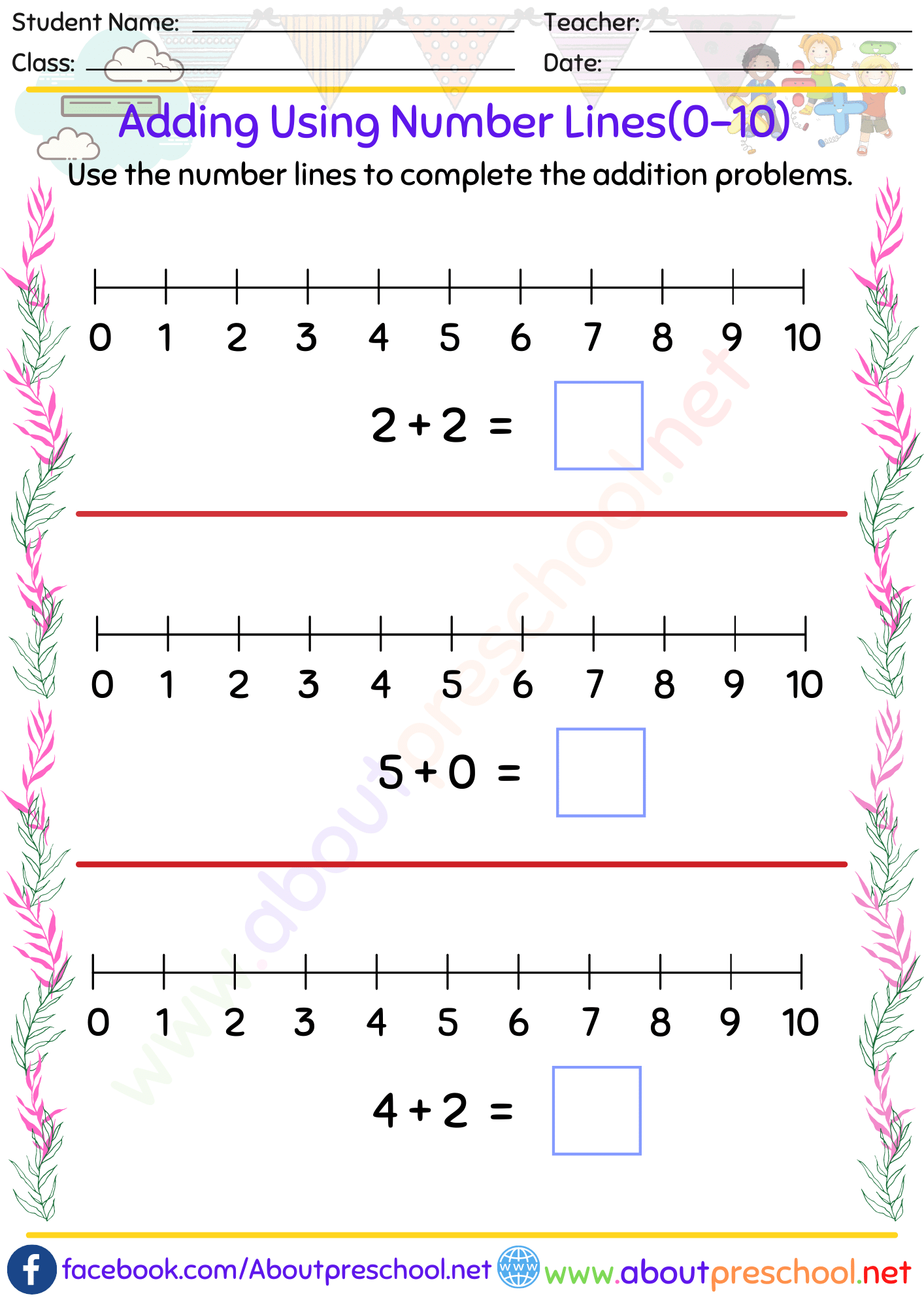 Adding Using Number Lines Archives - About Preschool - Worksheets Library