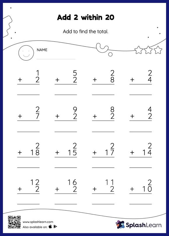 Add 2 to Numbers within 20: Vertical Addition - Math Worksheets ...