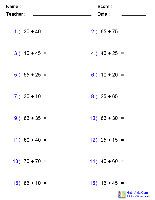 addition worksheet with number