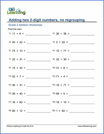 Grade 2 Math Worksheet - Adding two 2-digit numbers - no ...