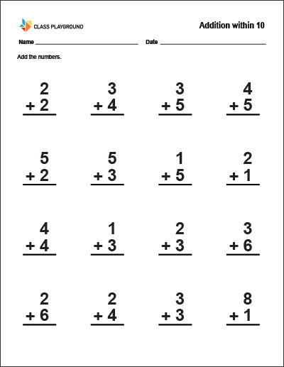 addition worksheet within 10