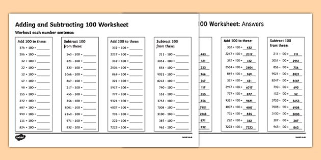 Adding and Subtracting 100 Worksheet (teacher made) - Twinkl