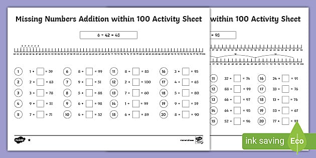 Missing Numbers Addition within 100 Worksheets - Twinkl