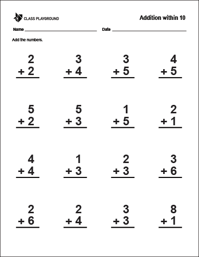 Printable Addition Within 10 Worksheet | Math addition worksheets ...