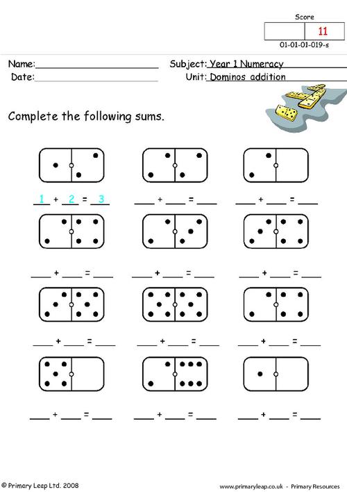 Numeracy: Dominos addition | Worksheet | PrimaryLeap.co.uk