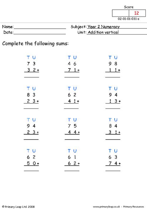 addition worksheet y2