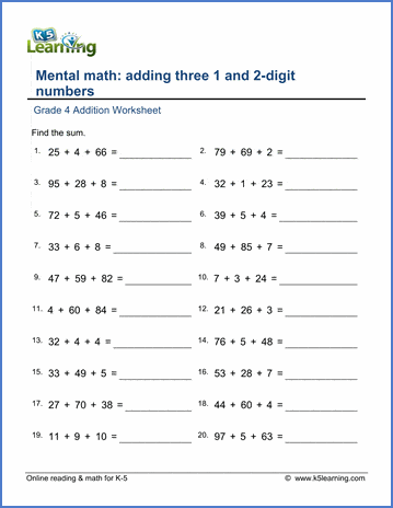 Addition of three 1 and 2-digit numbers | Worsheets library