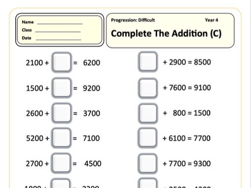 Year 4 Addition Worksheet - Hard  