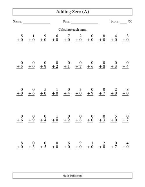 Adding Zero With The Other Addend From 0 to 9 - 50 Questions (A)