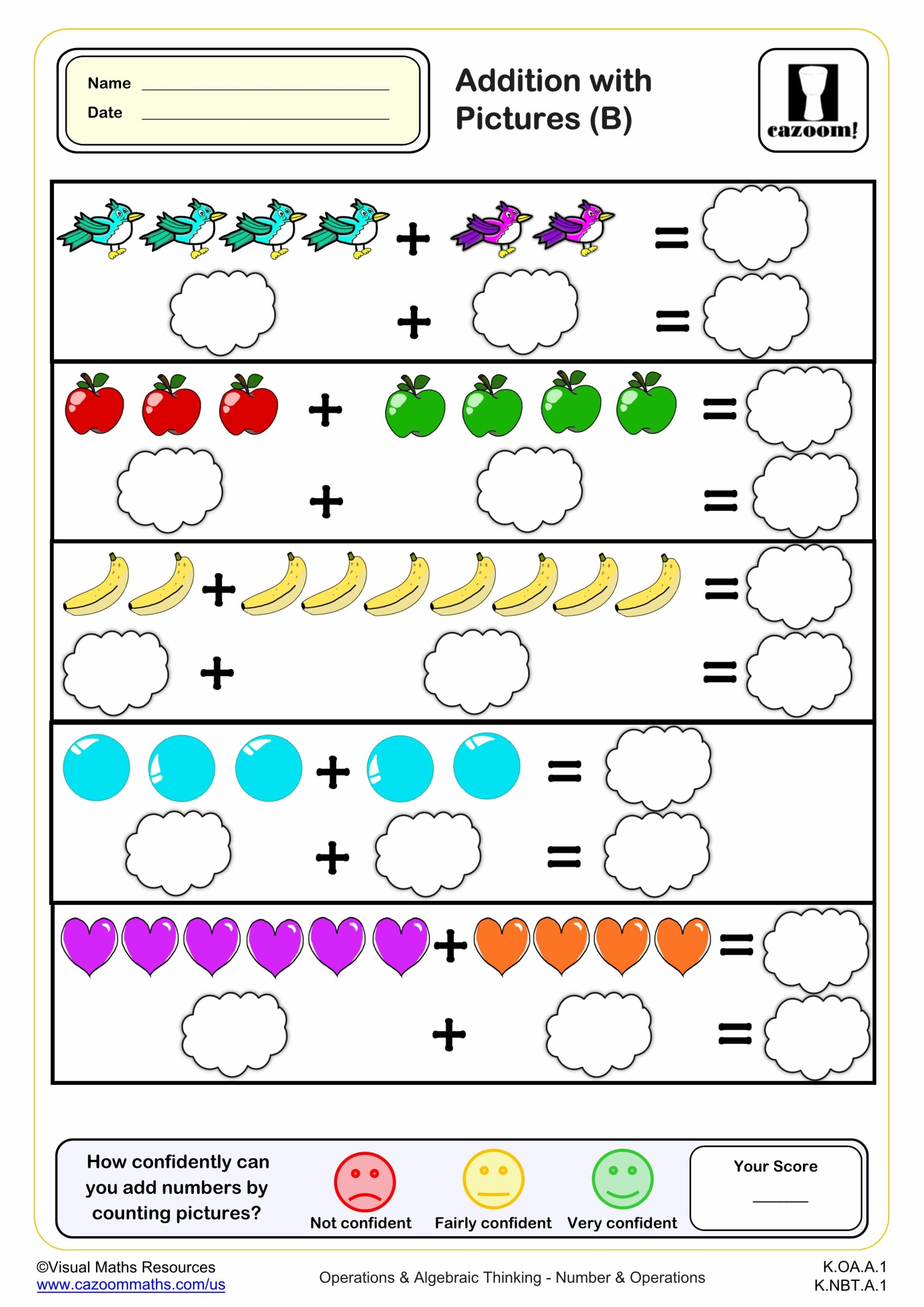 Addition with Pictures (B) | K Grade PDF Addition Worksheets