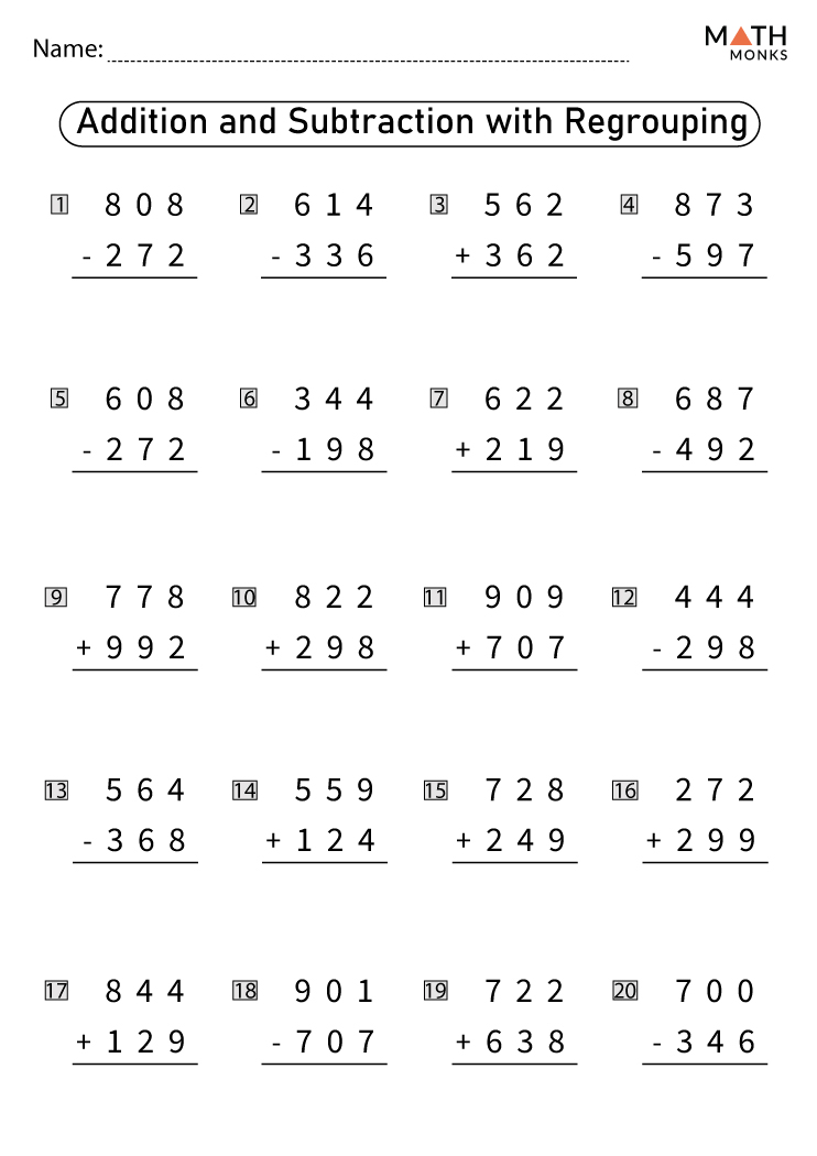 Addition and Subtraction with Regrouping Worksheets with Answer Key