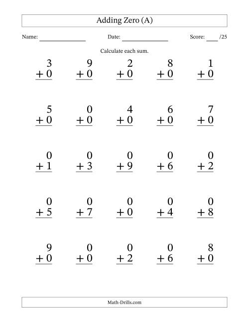 Adding Zero to Single-Digit Numbers - 25 Large Print Questions (A)