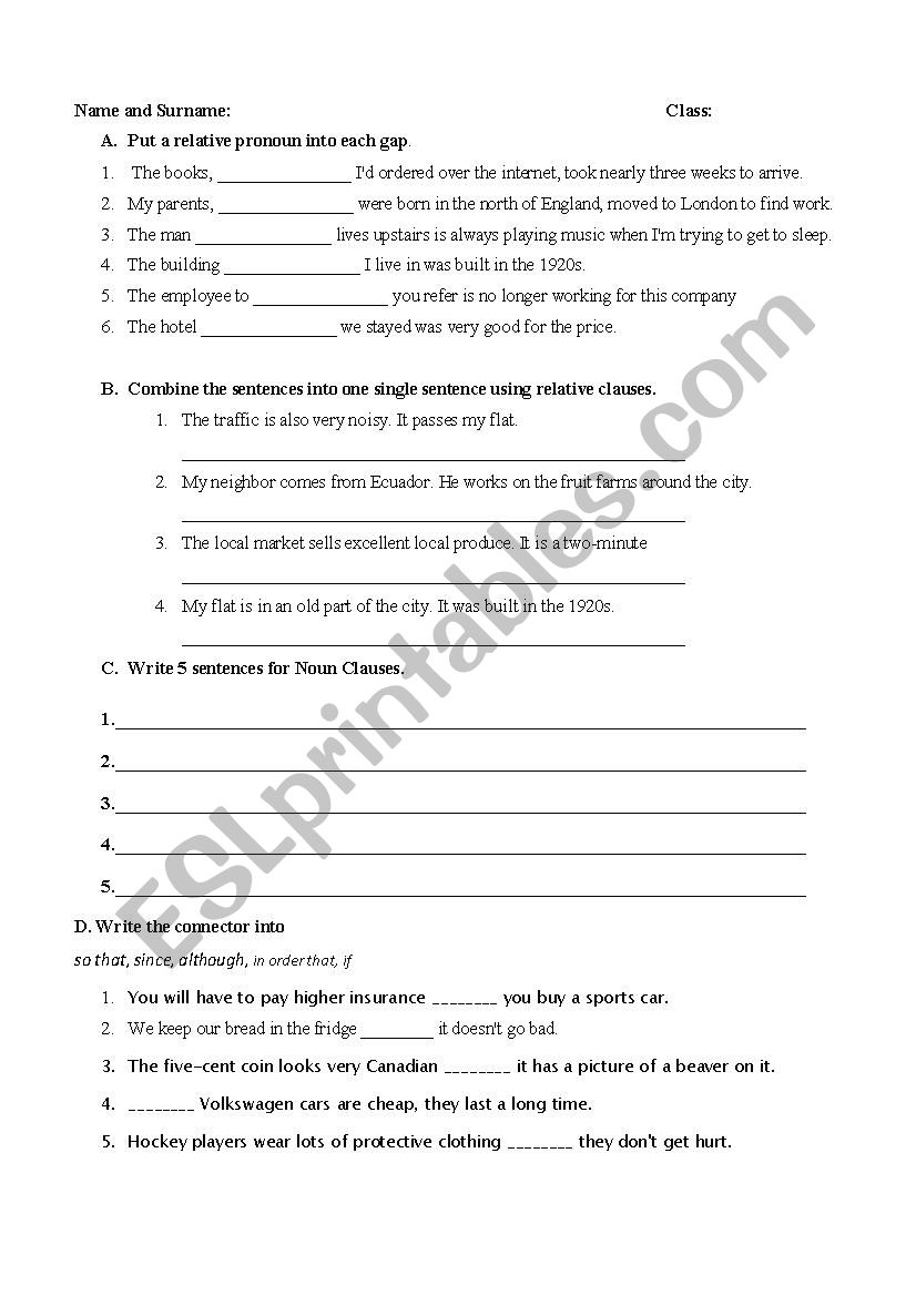 adjective and adverb clauses worksheet