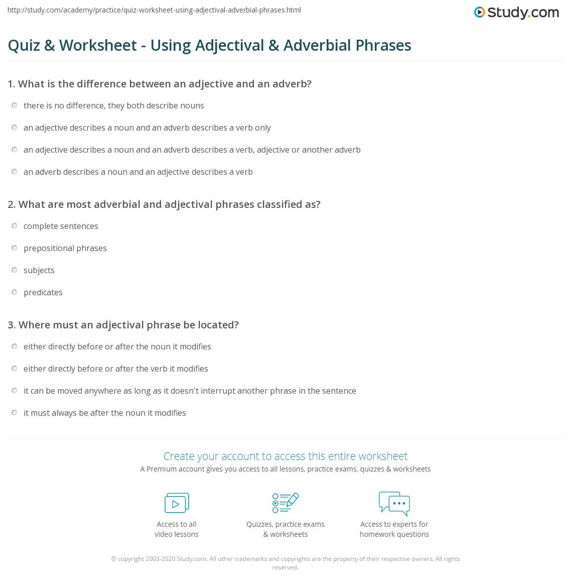 adjective and adverb phrases worksheet