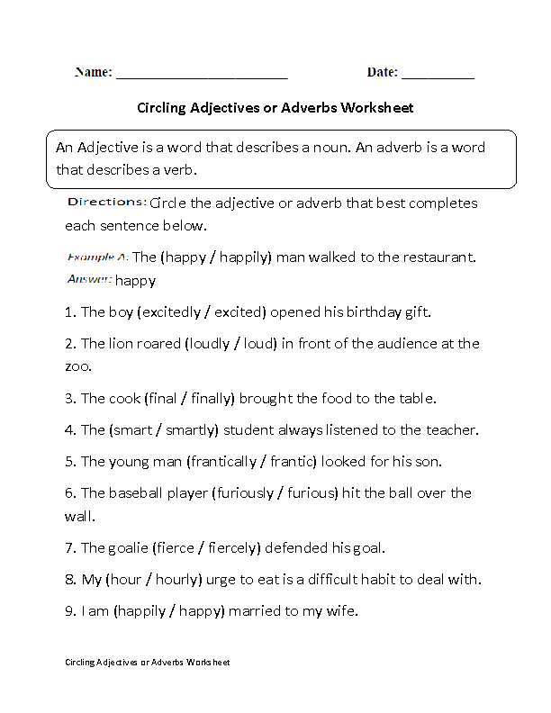 Adjectives or Adverbs Worksheets | Circling Adjectives or Adverb ...