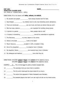 Adjective Clause Quiz Worksheet for 5th - 7th Grade | Lesson Planet