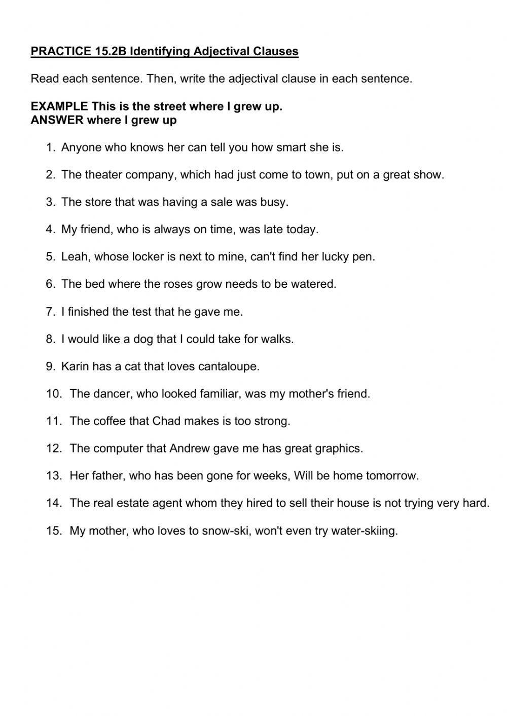 PRACTICE 15.2B Identifying Adjectival Clauses worksheet | Live ...