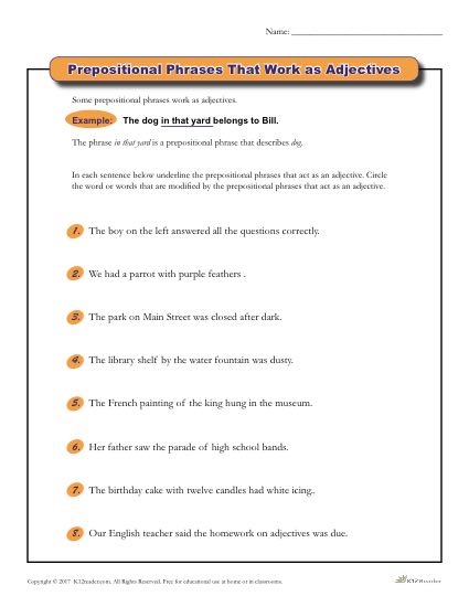 Prepositional Phrases that Work as Adjectives | Printable Worksheet