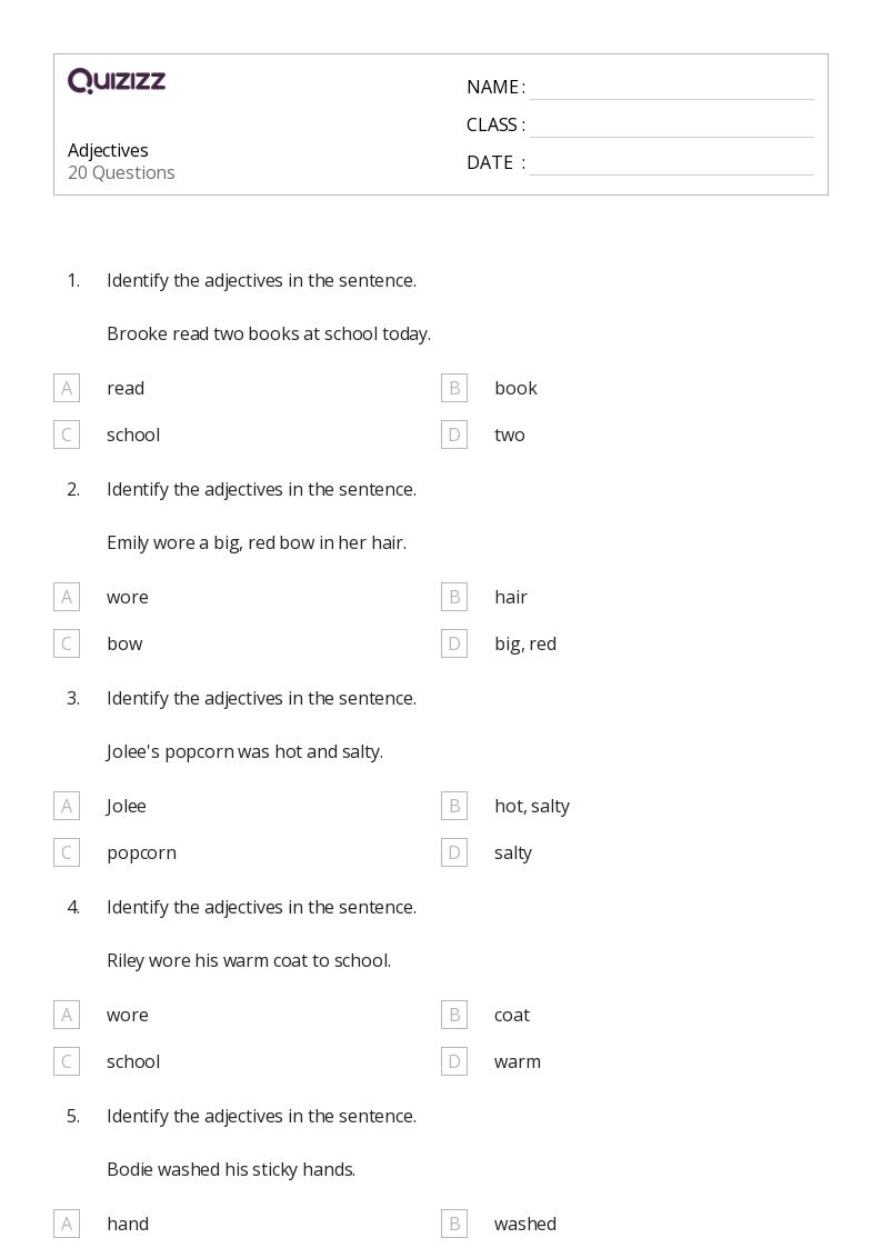 50+ Adjectives worksheets for 4th Grade on Quizizz | Free &  Printable