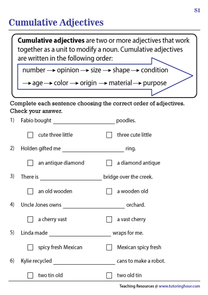 Ordering Adjectives Worksheets | Cumulative Adjectives