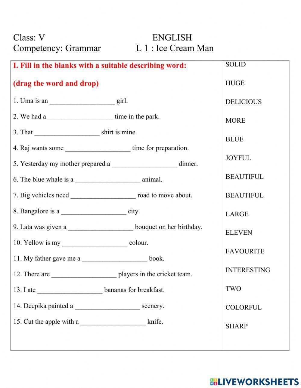 Adjectives online exercise for GRADE-5  