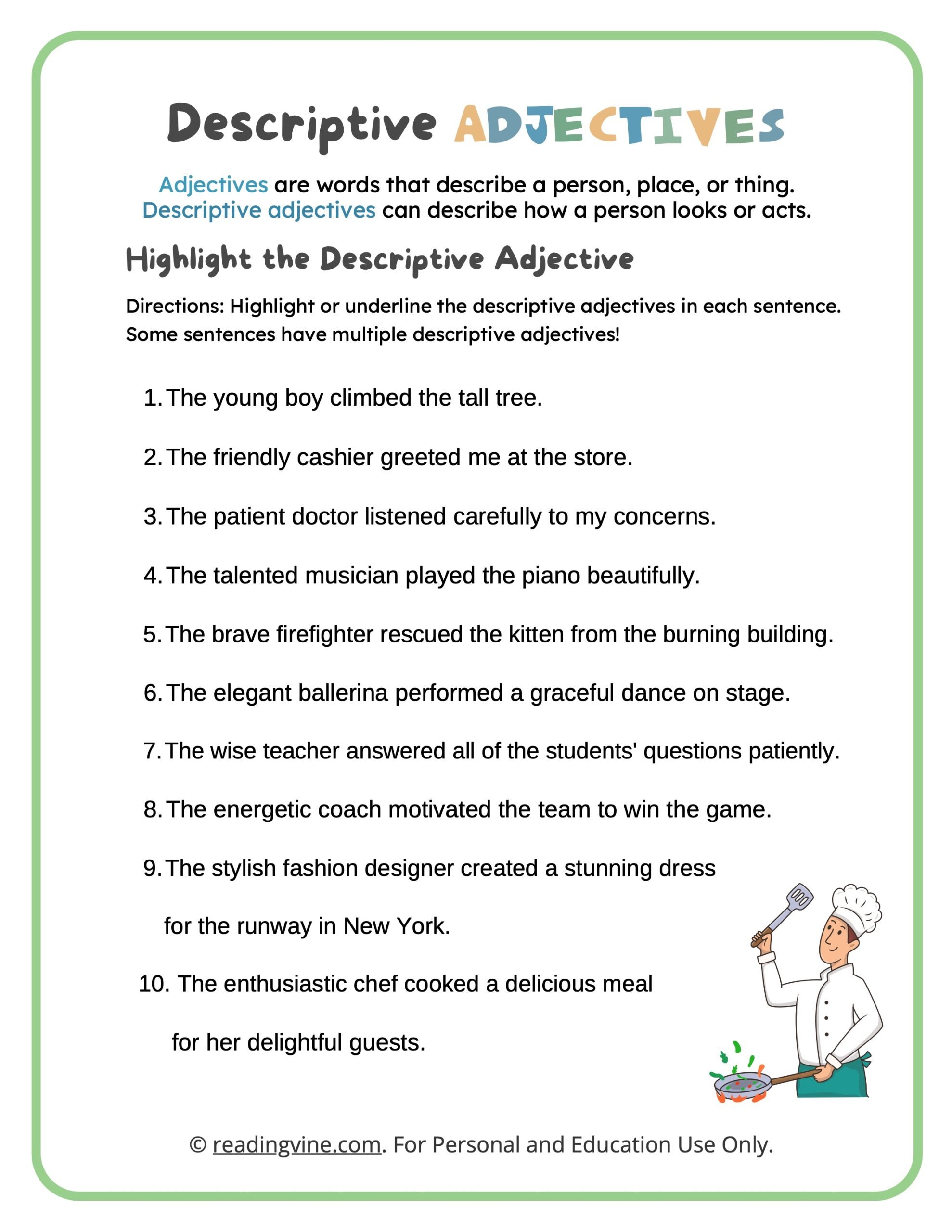 Descriptive Adjectives Worksheets - ReadingVine