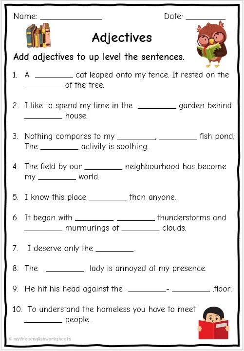 Grade 6 &  7 Adjective Worksheets | English | Free Worksheets