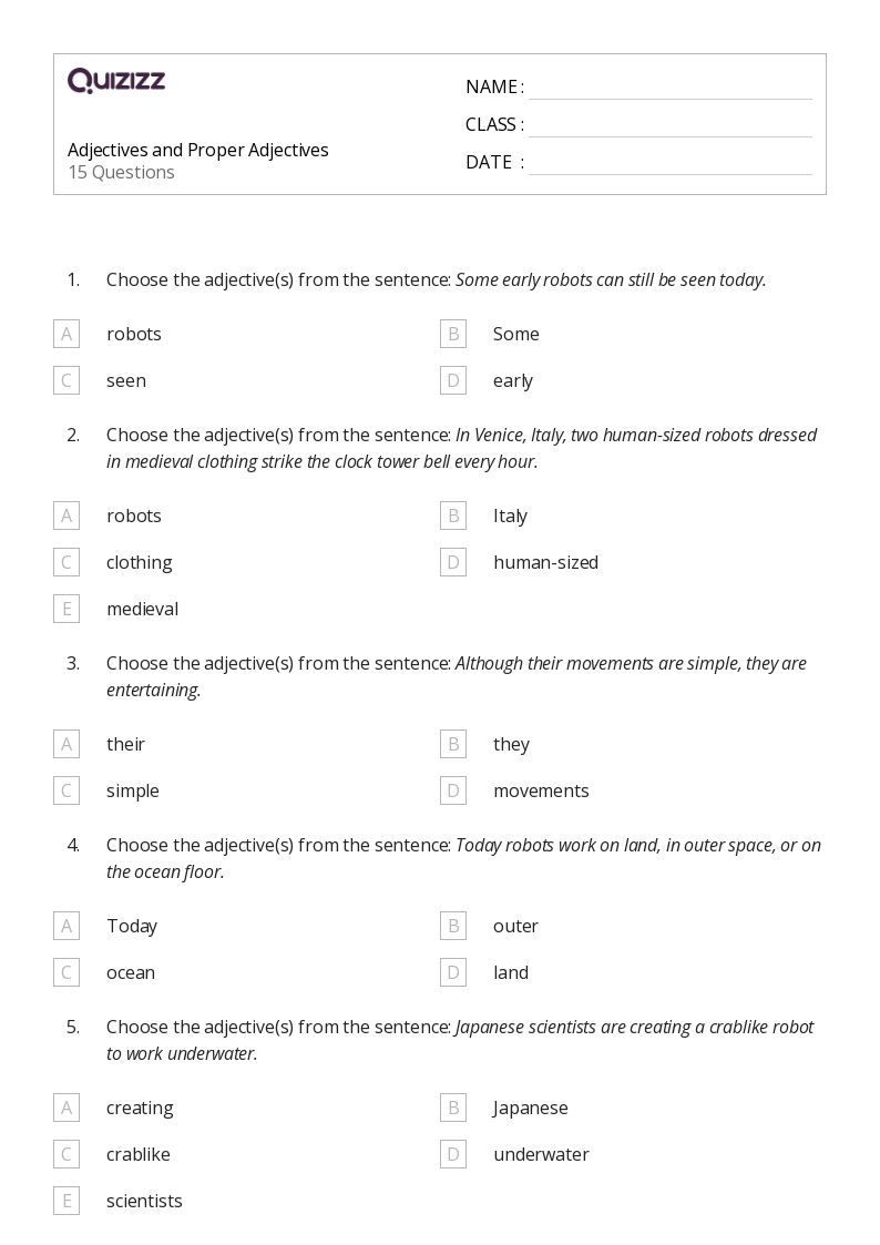 50+ Adjectives worksheets for 6th Grade on Quizizz | Free &  Printable