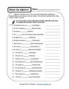 Choose the Adjective Worksheet for 3rd - 5th Grade | Lesson Planet