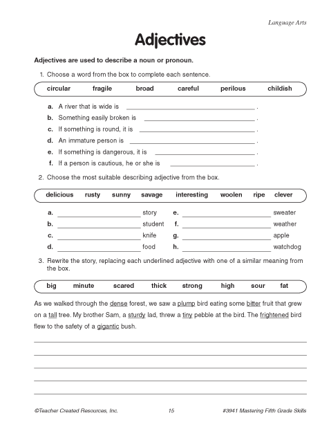 adjective worksheet for middle school