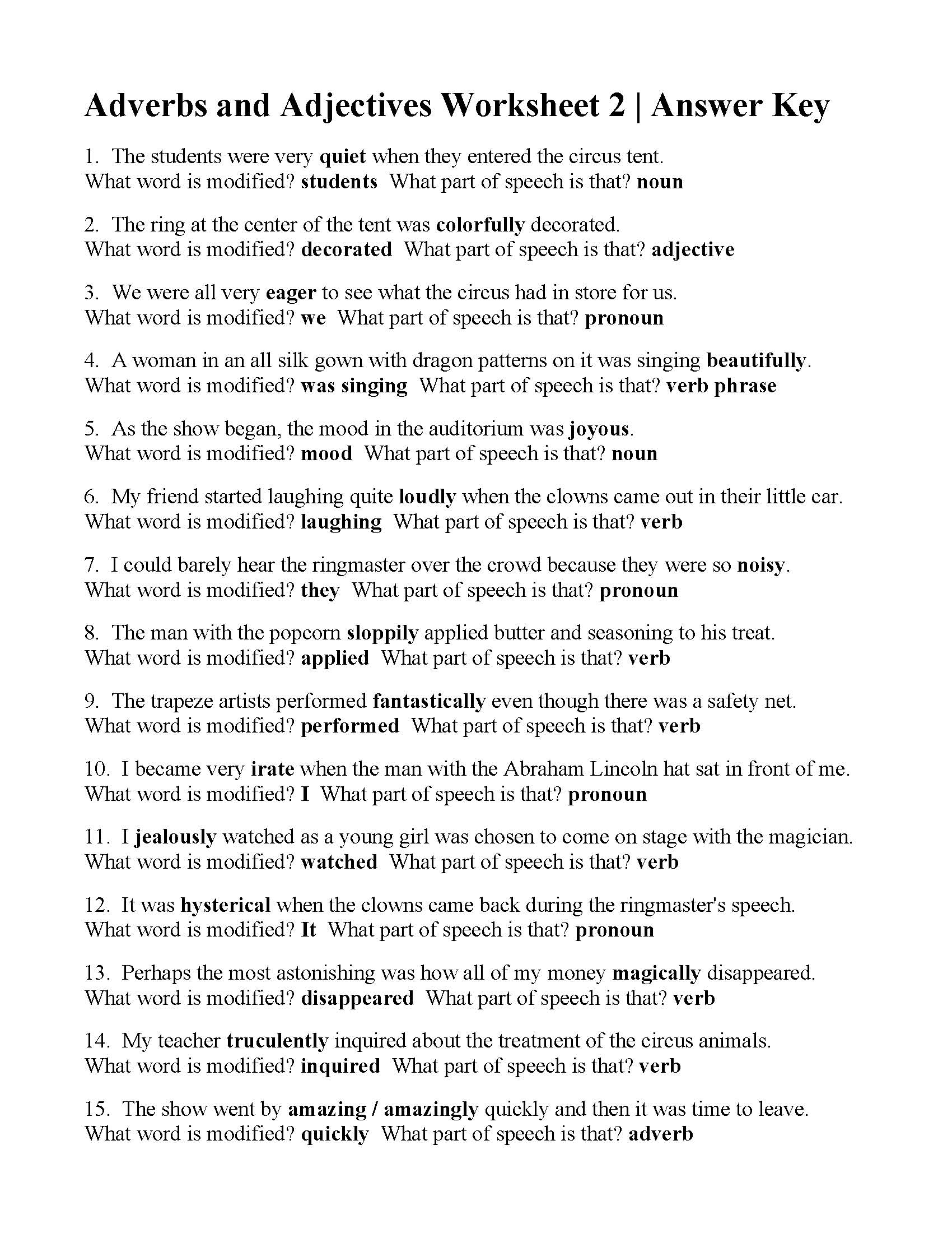 Adverbs and Adjectives Worksheet 2 | Answers