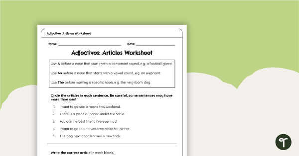 adjectives and articles worksheet