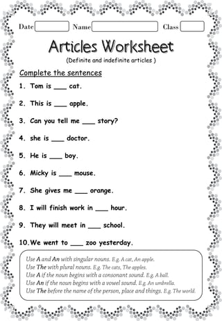 adjectives and articles worksheet