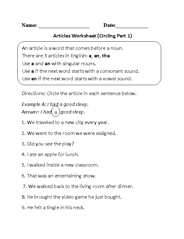 adjectives and articles worksheet