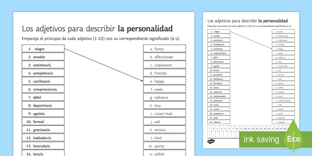 Adjectives for Personality Description Matching Worksheet ...
