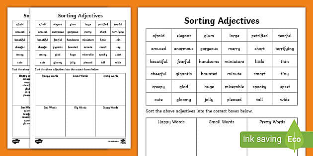 Sorting Adjectives Worksheet | 3rd/4th Class (teacher made)