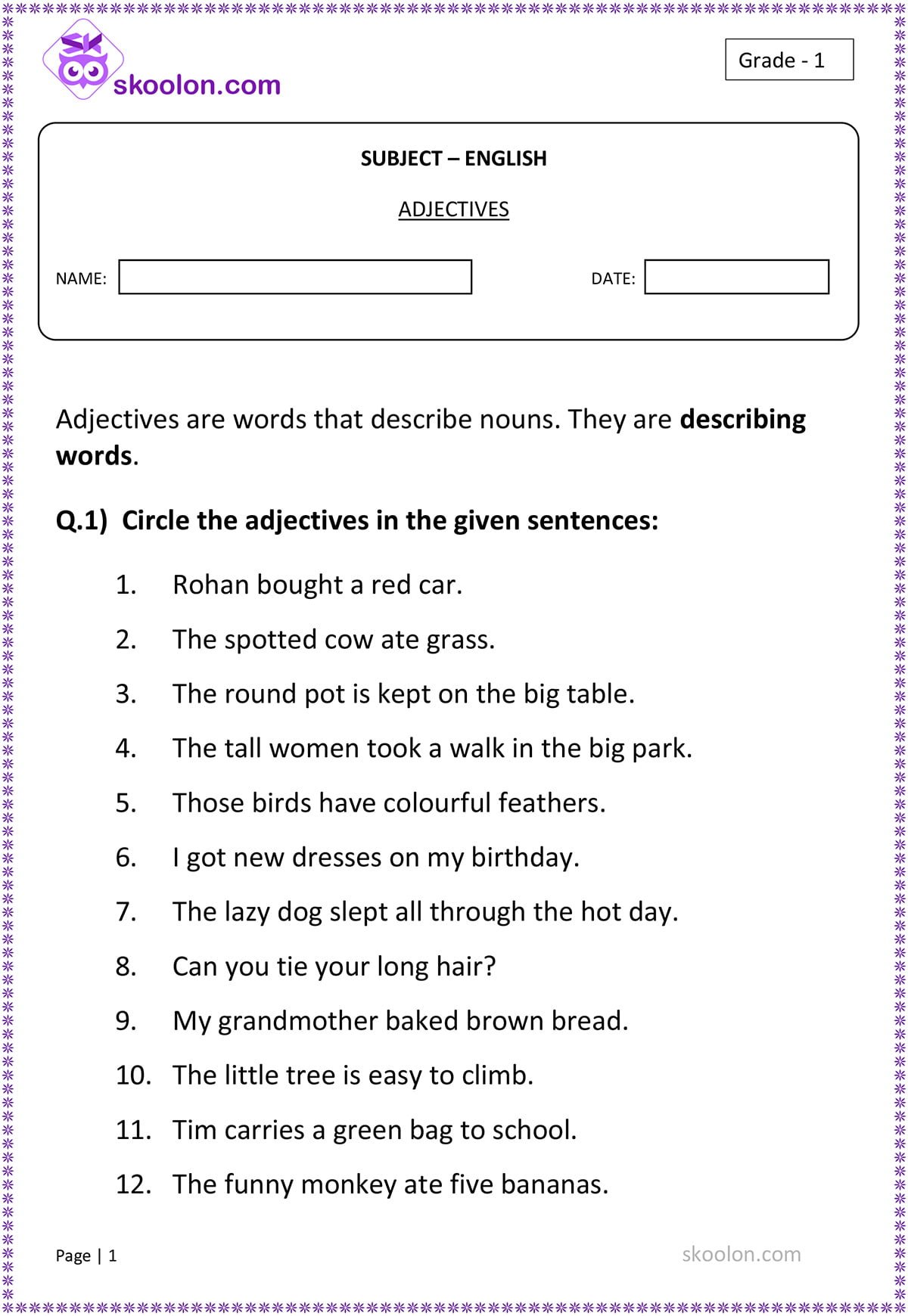 Adjective Worksheets For Grade 1 Adjective Worksheets For Grade 1